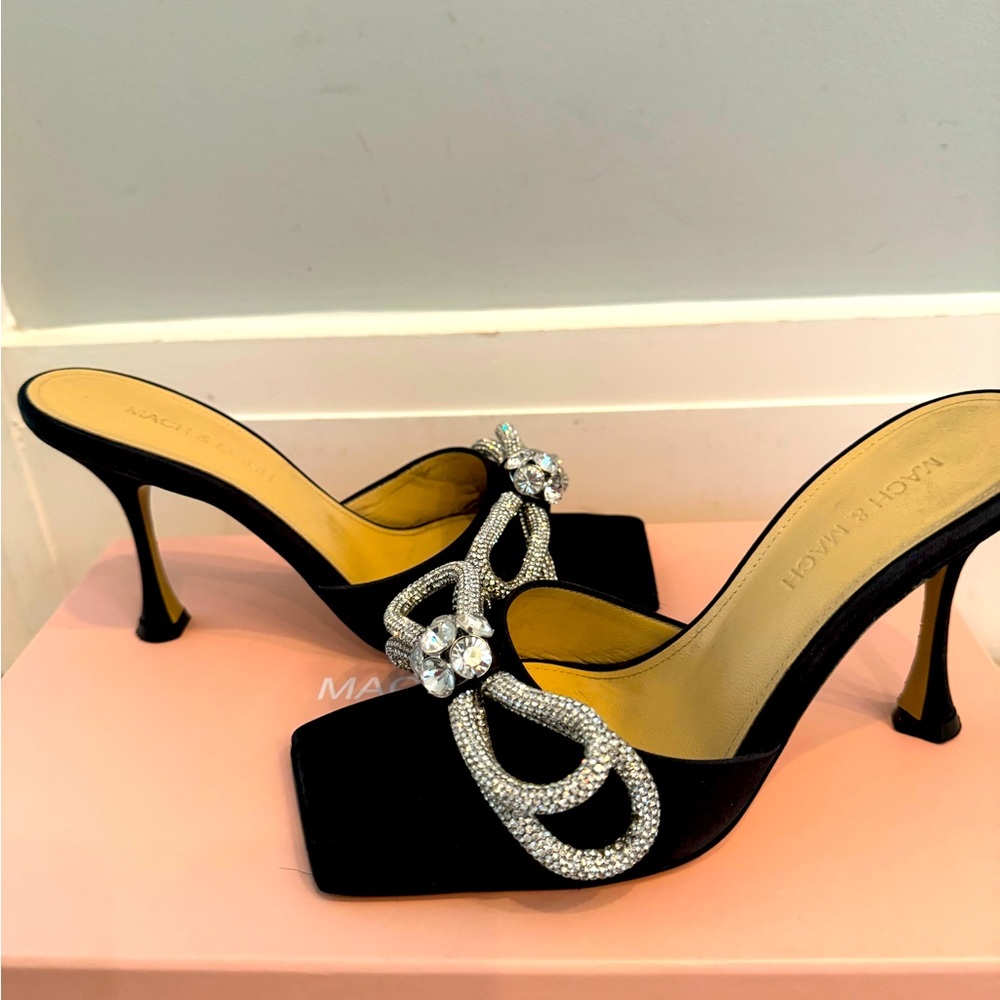 Mach & Mach satin mule sandals with double crystal bow accent.